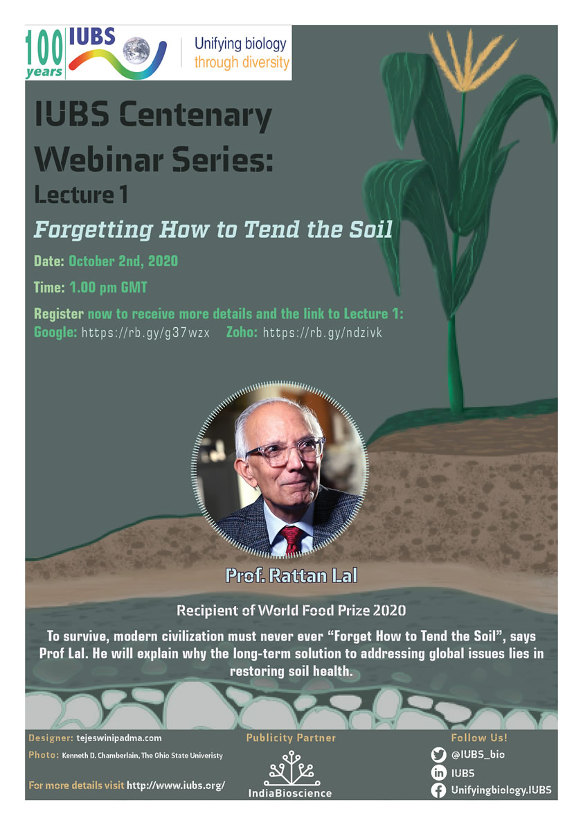 Lecture 1: "Forgetting How to Tend the Soil", Prof. Rattan Lal, recipient of World Food Prize 2020, on 2nd October 2020.